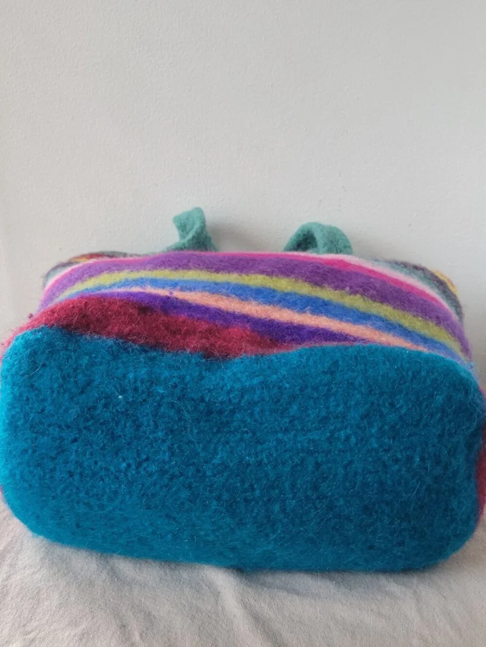 Colorful Felted Wool Tote Bag Rainbow Stripe Shoulder Bag Boho Artisan NWOT